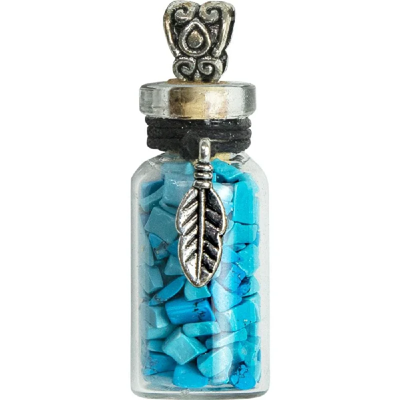 bohemian style necklaces for women -1.75" Gemstone Chip Bottle Necklace - Turquoise with Feather