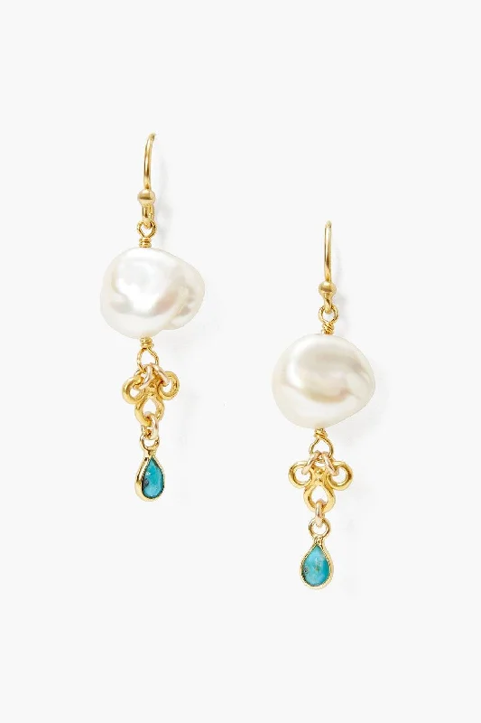 personalized gold earrings -White Pearl and Turquoise Loop Earrings