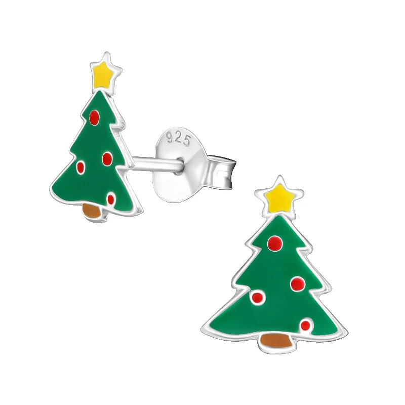 colorful gemstone earrings -Children's Sterling Silver Christmas Tree Stud Earrings