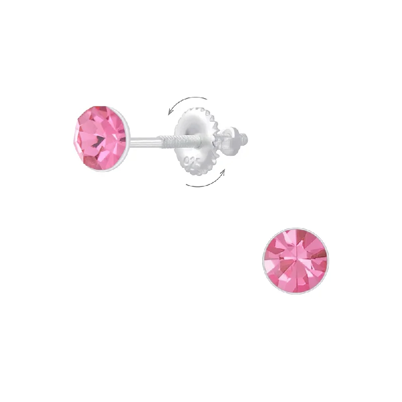 silver earrings for women -Children's Sterling Silver Pink Crystal Screw Back Stud Earrings