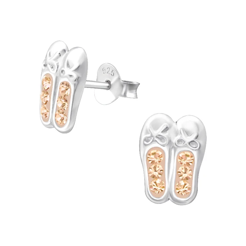 minimalist earrings for women -Children's Sterling Silver Ballet Shoes With Peach Diamante Stud Earrings