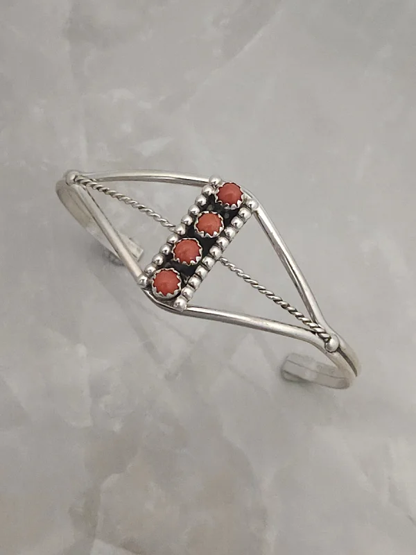 women’s bangles with gemstones -Sterling Silver Coral 4 Stone Cuff Bracelet