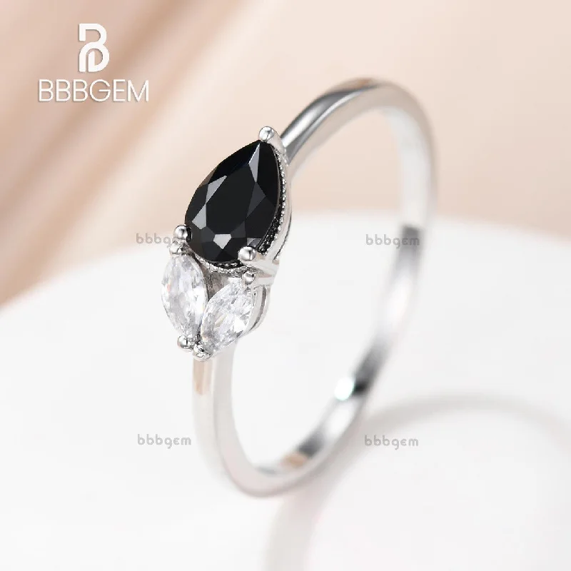 affordable platinum engagement rings -Petite Black Onyx Pear & White Moissanite Dimond Marquise Stacking Asymmetrical Ring East To West Set