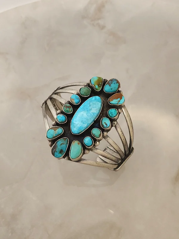 chic gemstone bangles -Stamped Sterling Silver Turquoise Cluster Cuff Bracelet