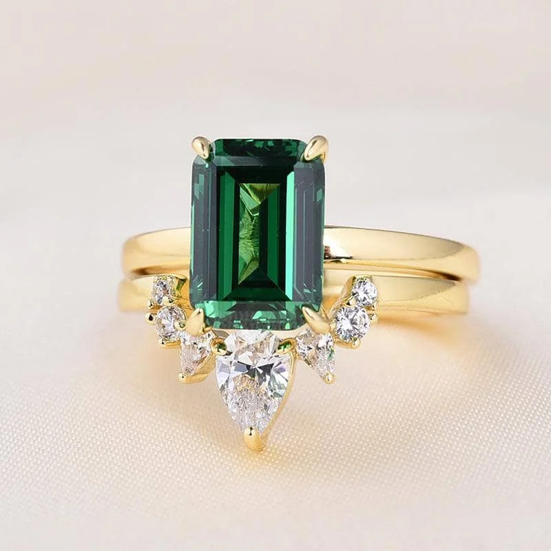 women’s wedding engagement rings -Classic Yellow Gold 3 carat Emerald Cut Wedding Ring Set