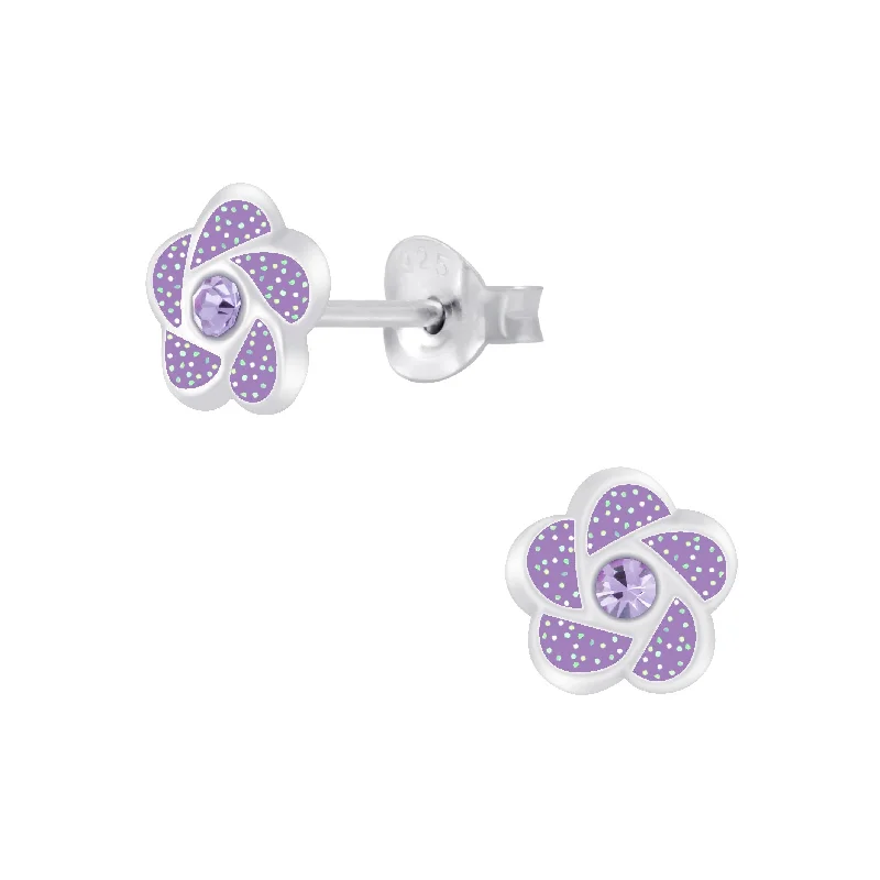 luxury earrings for women -Children's Sterling Silver 'Purple Glitter Flower' Stud Earrings