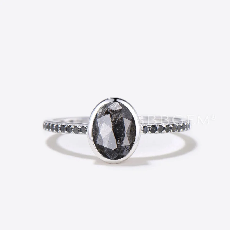 trendy engagement rings -Bezel Set Oval Cut Natural Salt and Pepper Diamond Engagement Ring