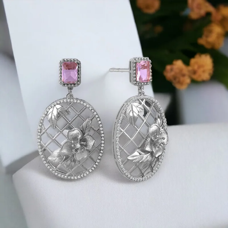 elegant crystal earrings -Pink Stone Oval Silver Drop Earring