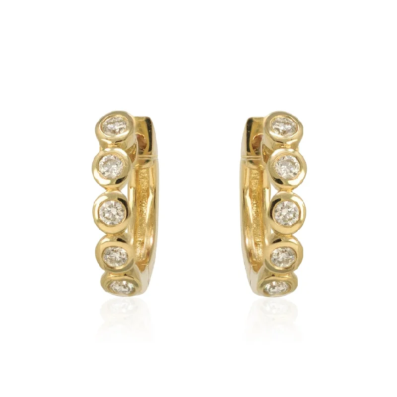 trendy gemstone earrings -Round Diamond Bezel Huggies