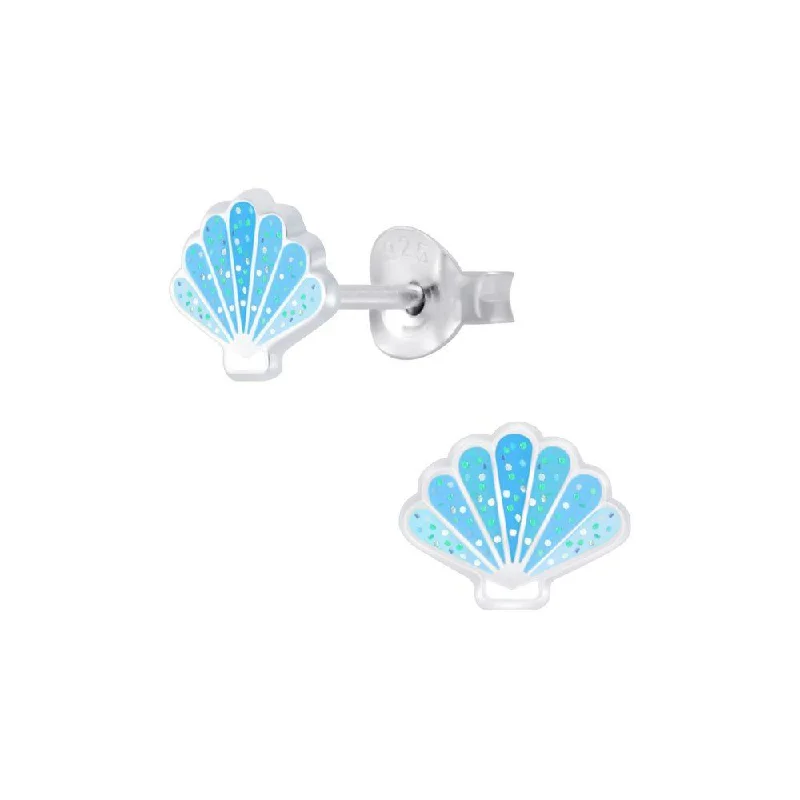 sparkling earrings for women -Children's Sterling Silver Blue Glitter Shell Stud Earrings