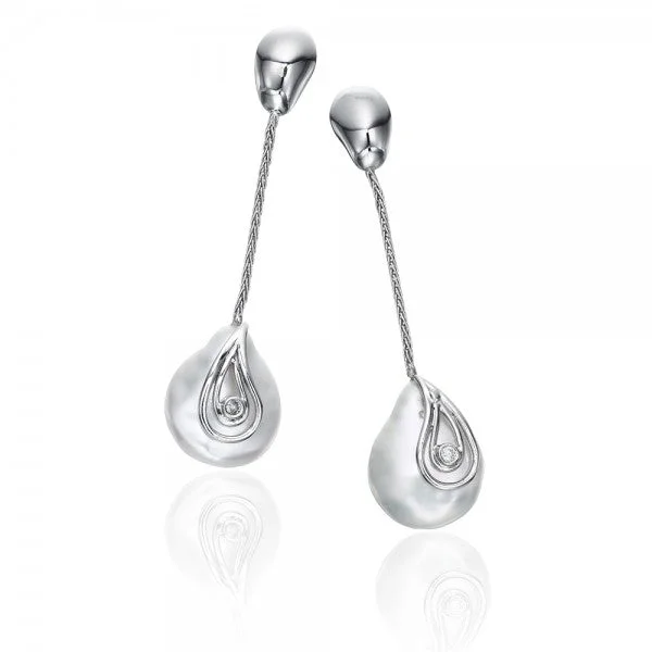 dangly earrings for women -Striking Freshwater Cultured Coin Pearl & Diamond White Gold Earrings