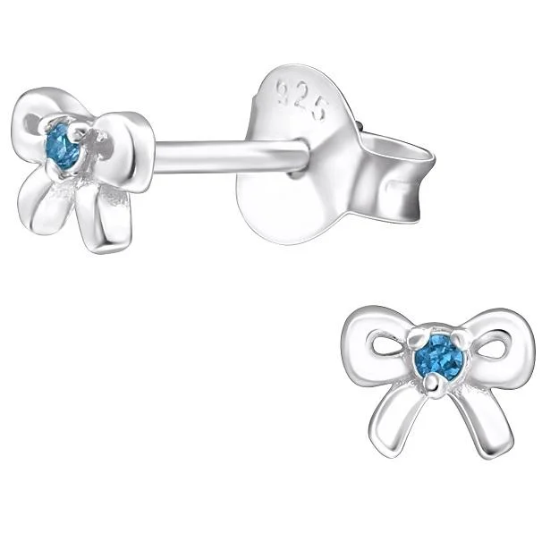 luxury statement earrings -Children's Sterling Silver 'March Birthstone' Bow Stud Earrings