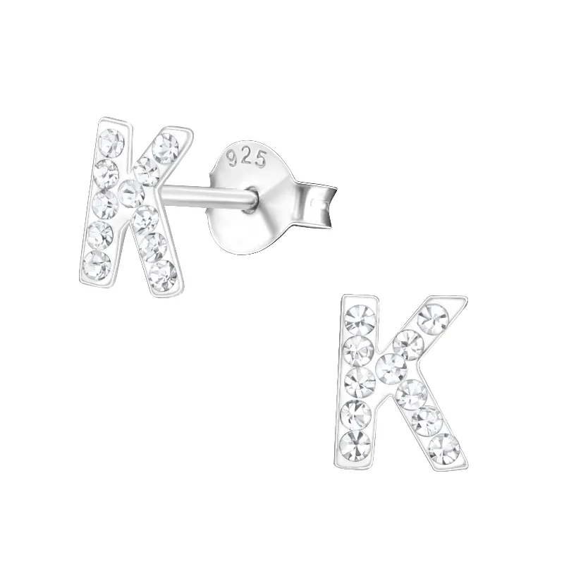 personalized gold earrings -Children's Sterling Silver 'Letter K' Crystal Stud Earrings