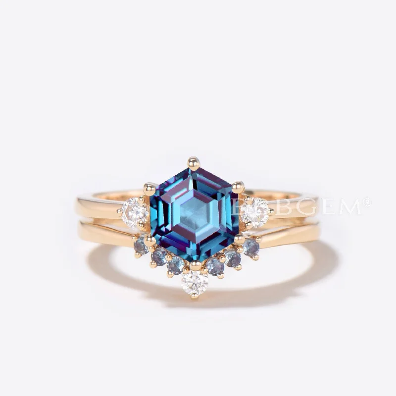 bridal engagement rings -Hexagon Cut Alexandrite Engagement Ring 10k Gold 2pcs Bridal Set