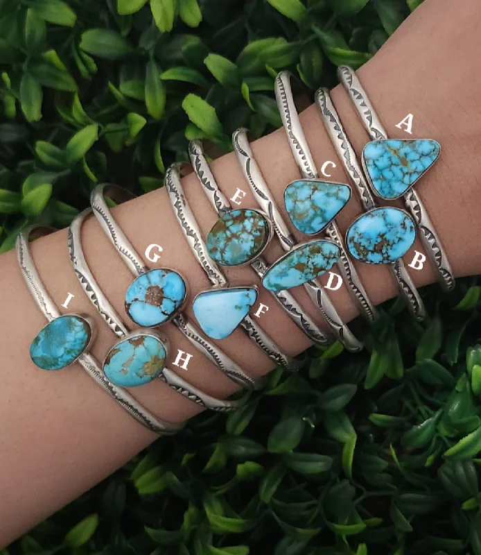 personalized engraved bracelets for women -Stamped Sterling Silver Kingman Turquoise Stacker Cuff Bracelets