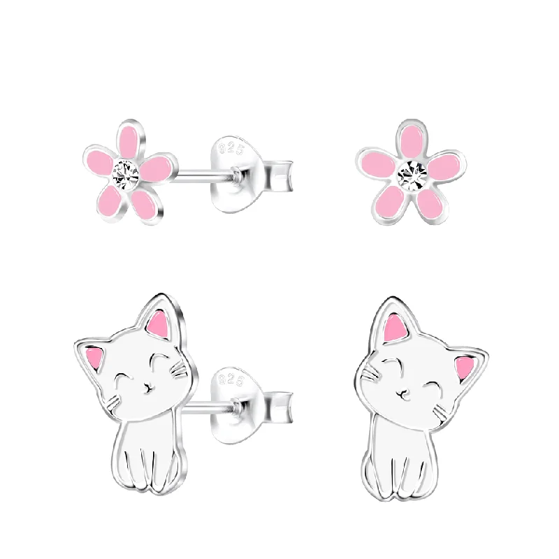 geometric earrings for women -Children's Sterling Silver Set of 2 Pairs of 'I love Cats' Stud Earrings