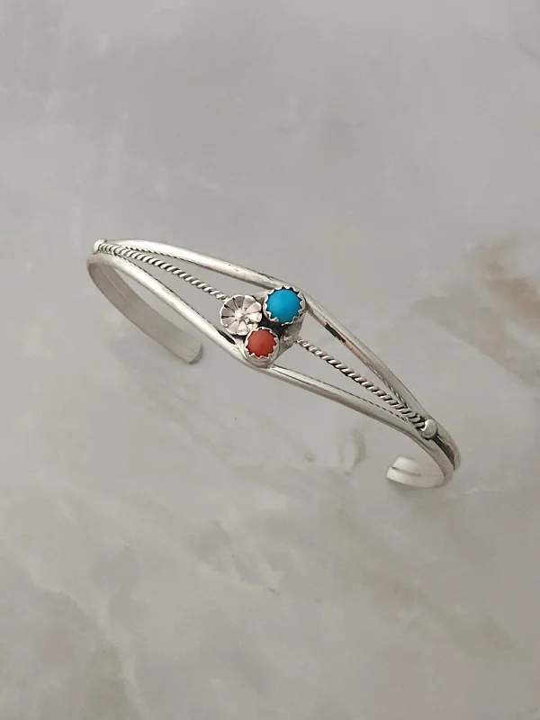 dainty bracelets for women -Sterling Silver Turquoise & Coral Cuff Bracelet