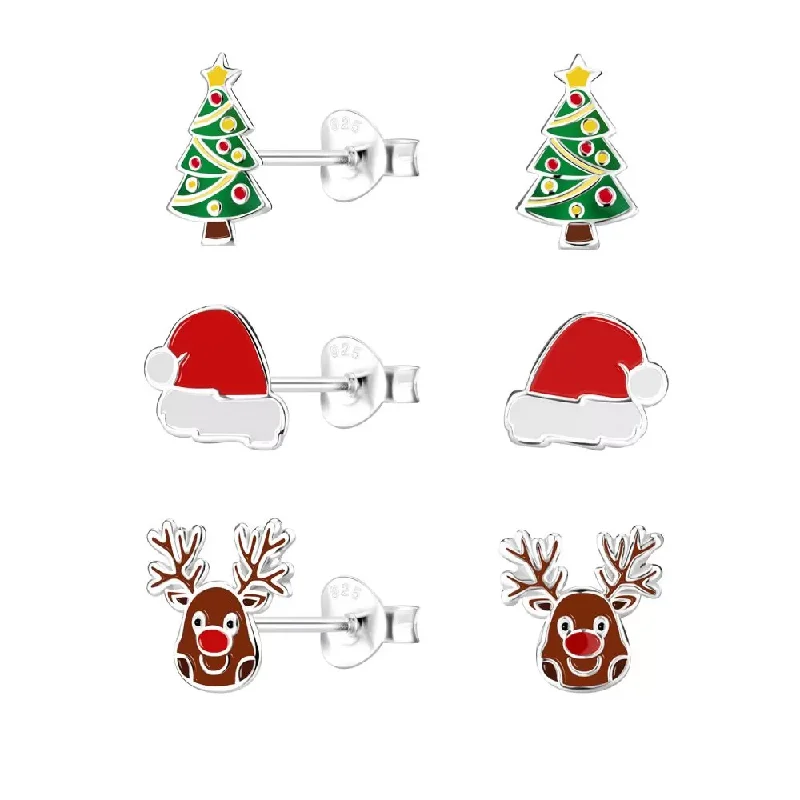 bridal earrings for women -Children's Sterling Silver Set of 3 Pairs of Christmas Magic Themed Stud Earrings