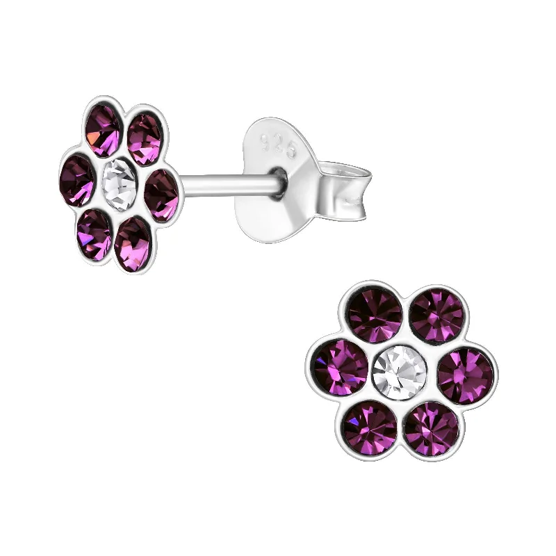 ear cuff earrings for women -Children's Sterling Silver Purple Diamante Flower Stud Earrings