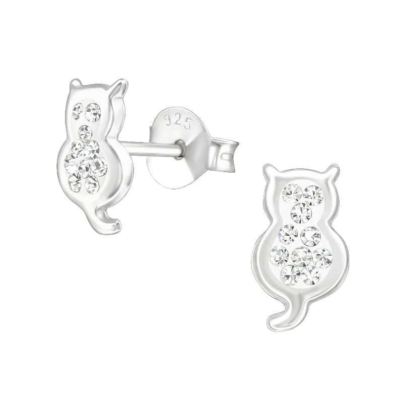 personalized earrings for women -Children's Sterling Silver Crystal Cat Stud Earrings