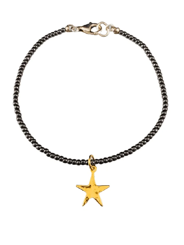 custom charm bangles for women -Hematite Gemstone Bead Bracelet with Gold Vermeil Star Charm