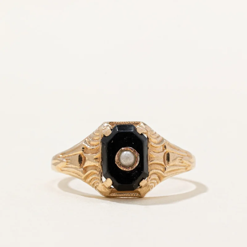 antique rings for women -Onyx & Seed Pearl Ring | 0.55ct | SZ 5 |