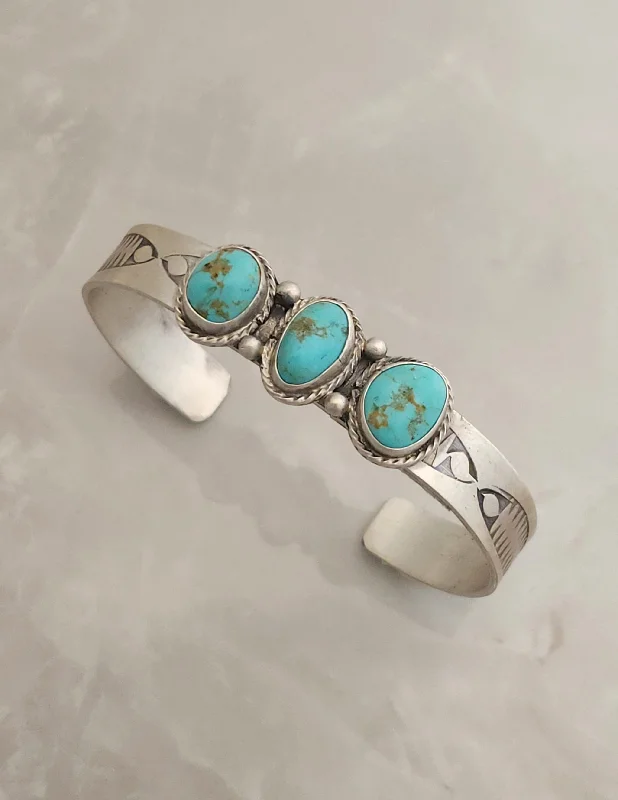 gold cuff bracelets for women -Stamped Sterling Silver Turquoise 3 Stone Cuff Bracelet