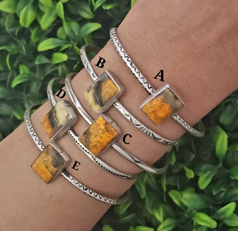 luxury gold bracelets -Stamped Sterling Silver BumbleBee Jasper Cuff Stacker Bracelets