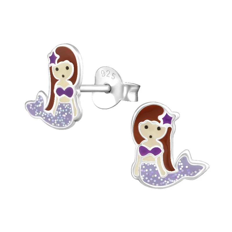 diamond drop earrings -Children's Sterling Silver 'Purple Sparkle Mermaid' Stud Earrings