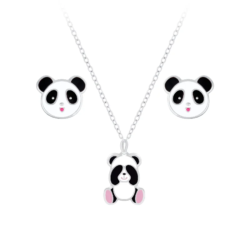 gold earrings for women -Children's Sterling Silver Panda Pendant Necklace and Panda Stud Earrings Set