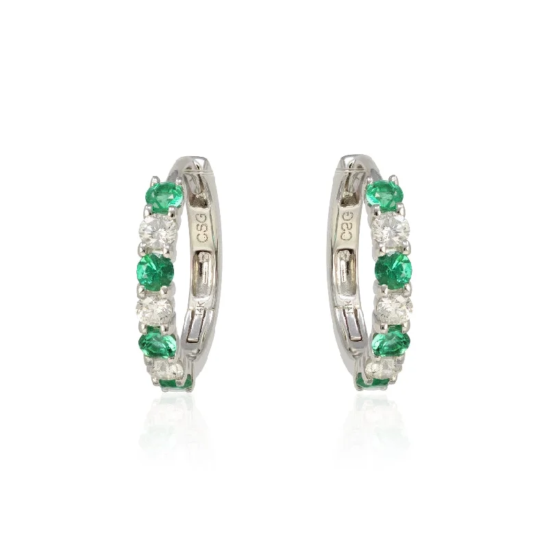 sparkly earrings for women -Ladies Pair Of 15MM Round Emerald and Diamond Hoop Earrings